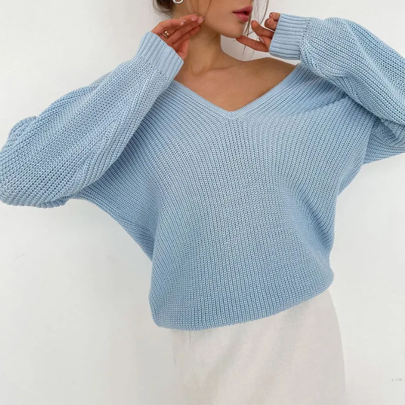 Oversize Knitted Long Sleeve Winter V-Neck Pullover Sweaters