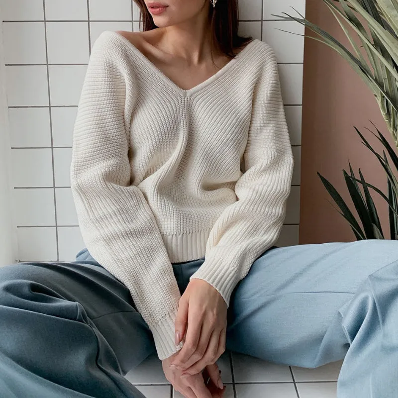 Oversize Knitted Long Sleeve Winter V-Neck Pullover Sweaters