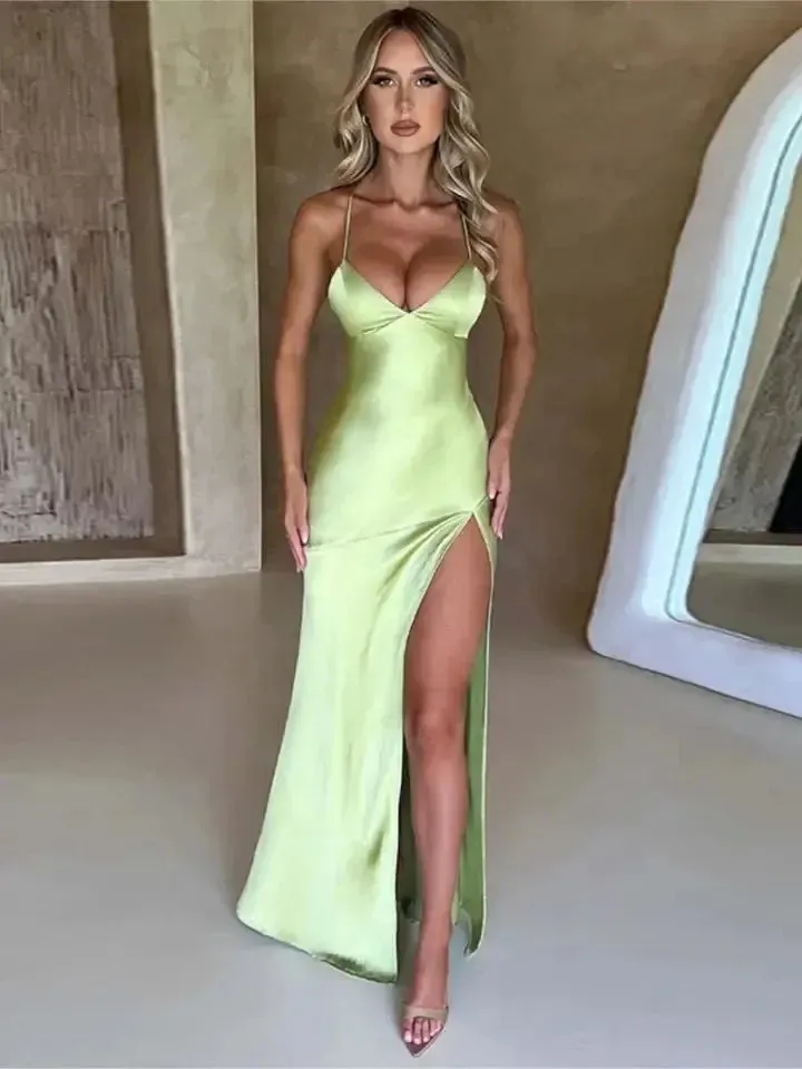 Party Maxi Dresses Sexy Women Summer Satin Split Evening Club Dress