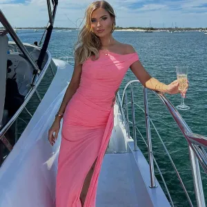 Pink Hollow Out Summer Sexy Inclined Shoulder Women Asymmetrical Sleeveless Elegant Slit Maxi Dress for Party Outfits