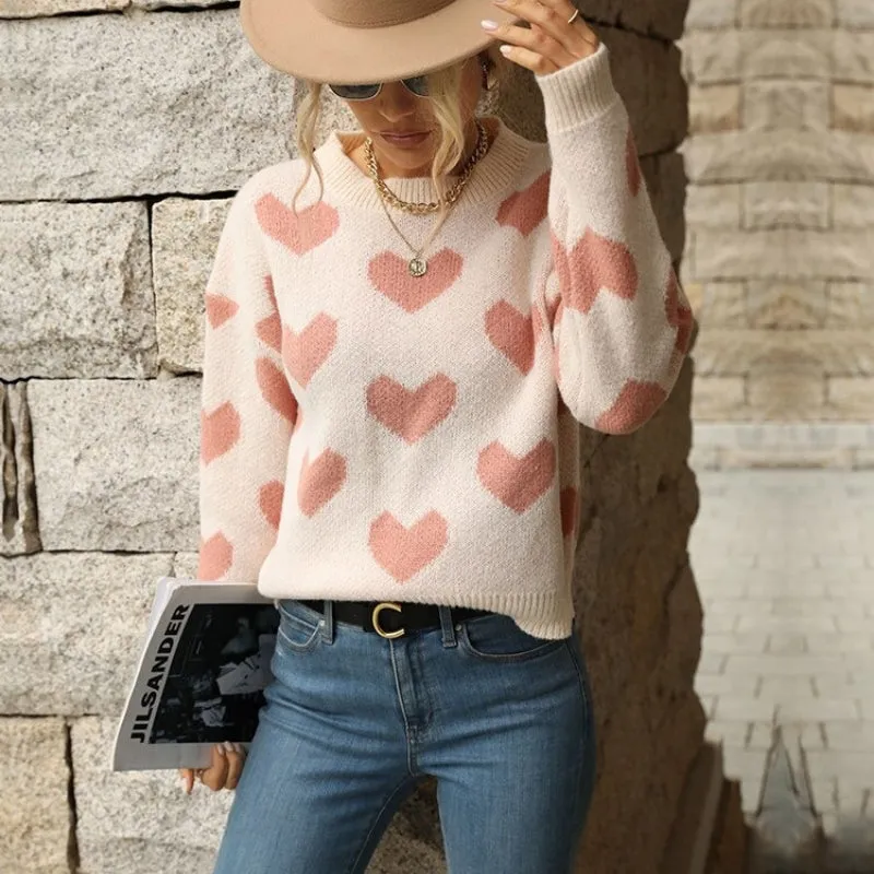 Pink Love Heart Pattern Long Sleeve Pullover Sweaters