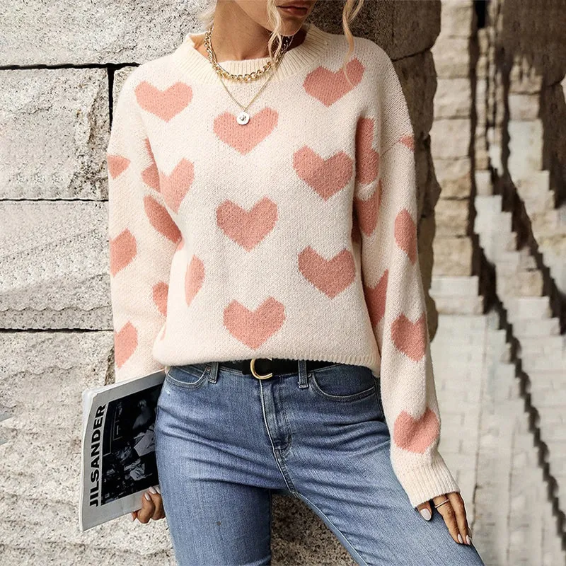 Pink Love Heart Pattern Long Sleeve Pullover Sweaters