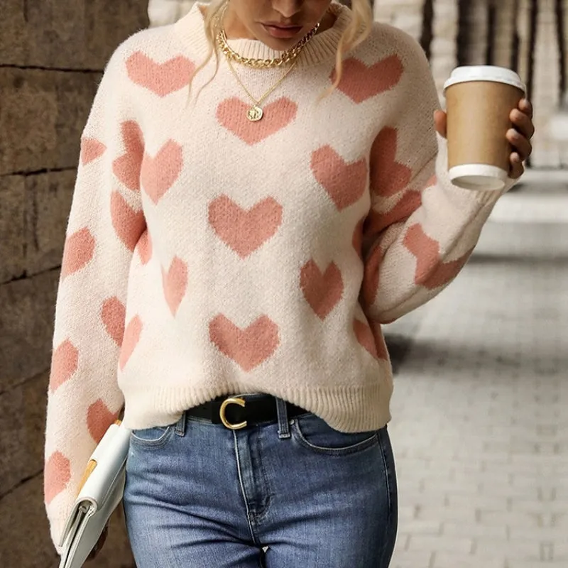 Pink Love Heart Pattern Long Sleeve Pullover Sweaters