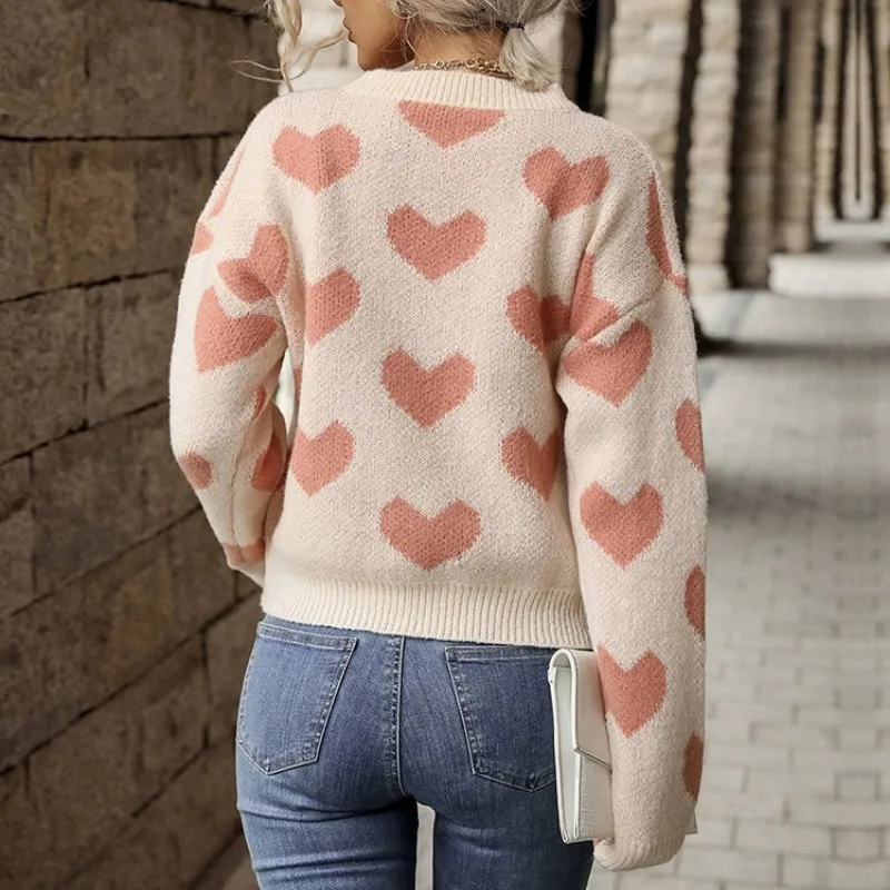 Pink Love Heart Pattern Long Sleeve Pullover Sweaters