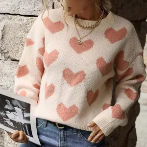 Pink Love Heart Pattern Long Sleeve Pullover Sweaters