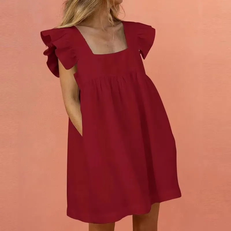 Plain and Simple Summer Square Neck Ruffled Mid-Calf Dresses