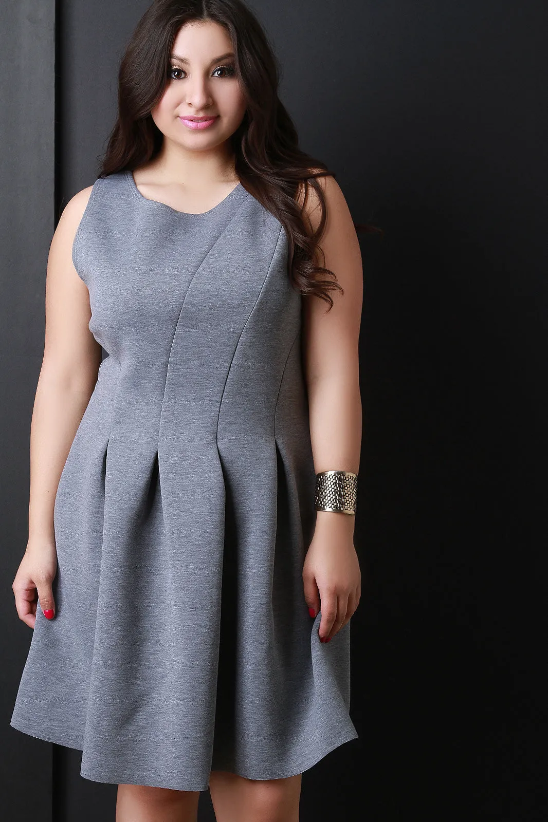 Pleated Scuba Knit Sleeveless Dress