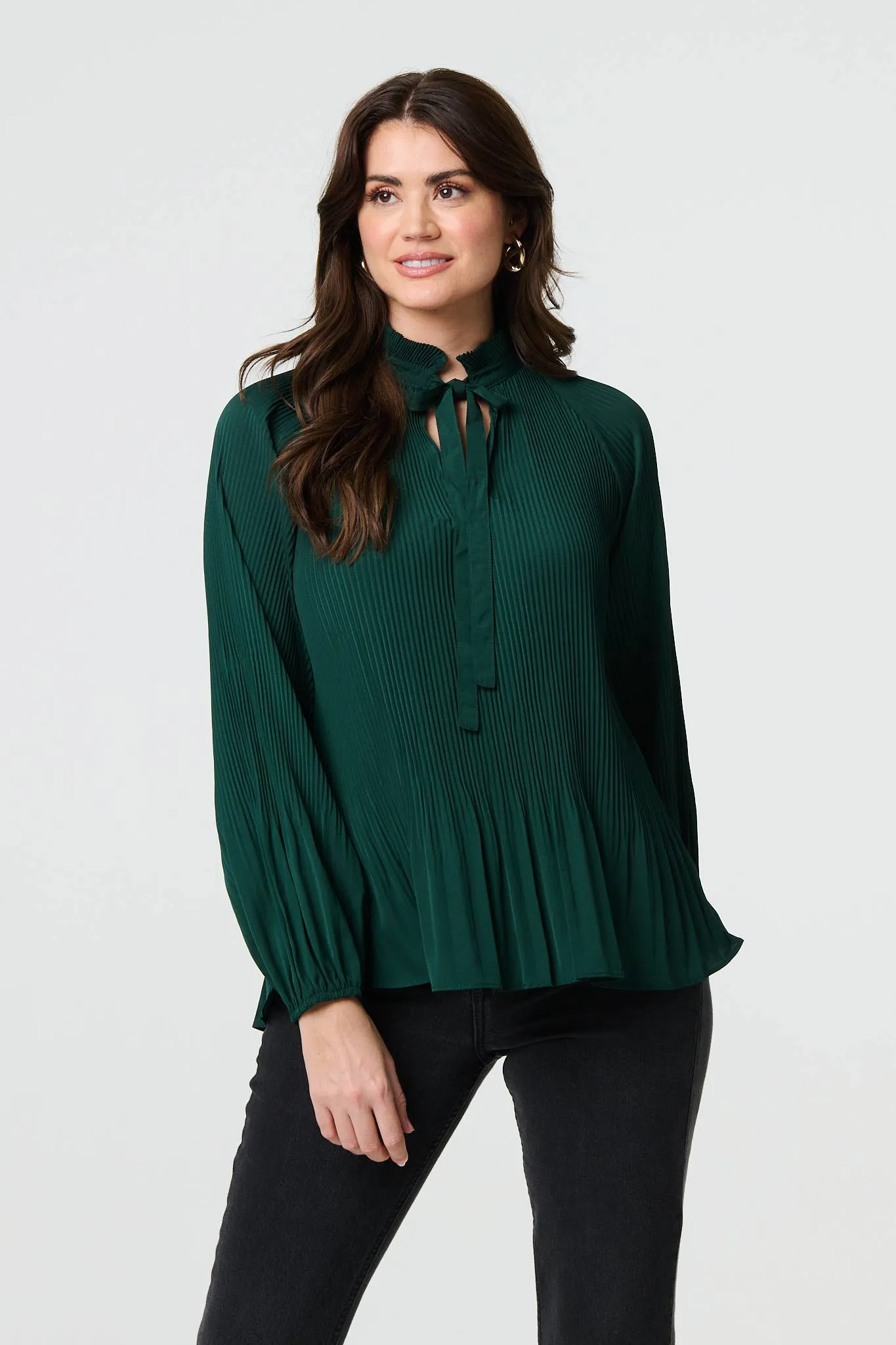 Pleated Tie Neck Long Sleeve Blouse