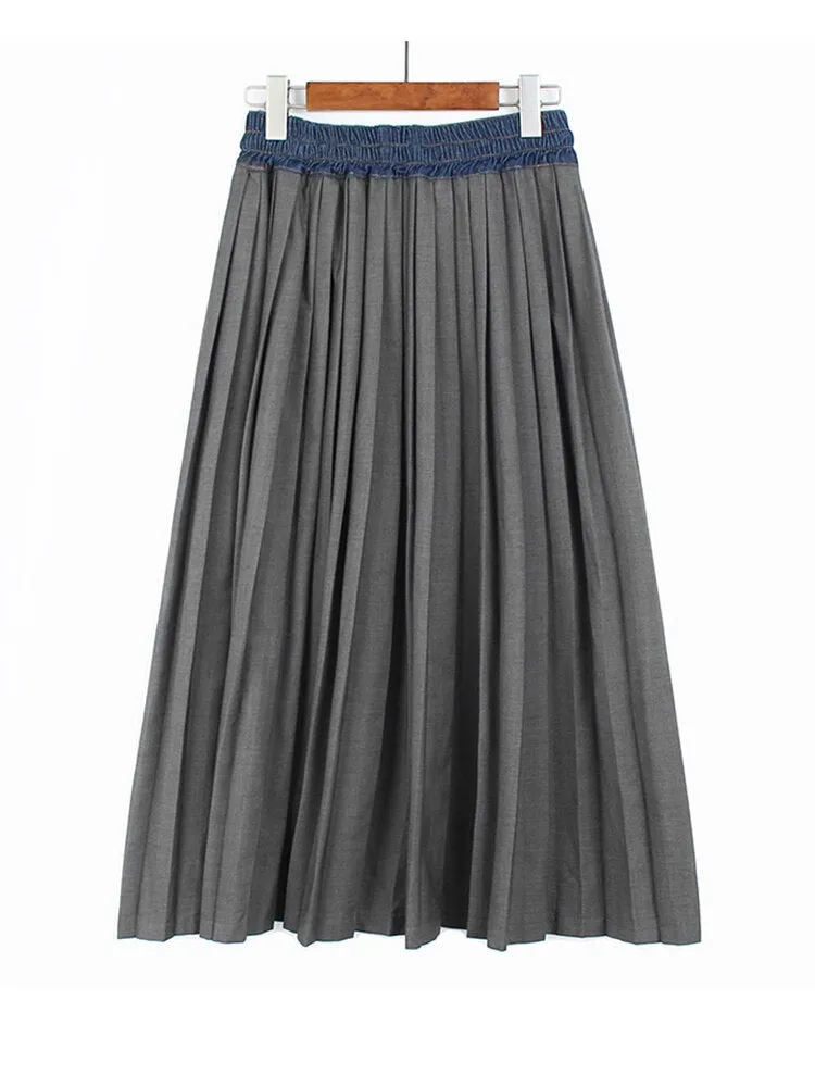 Pre Order:  Pleated Denim A Line Skirt