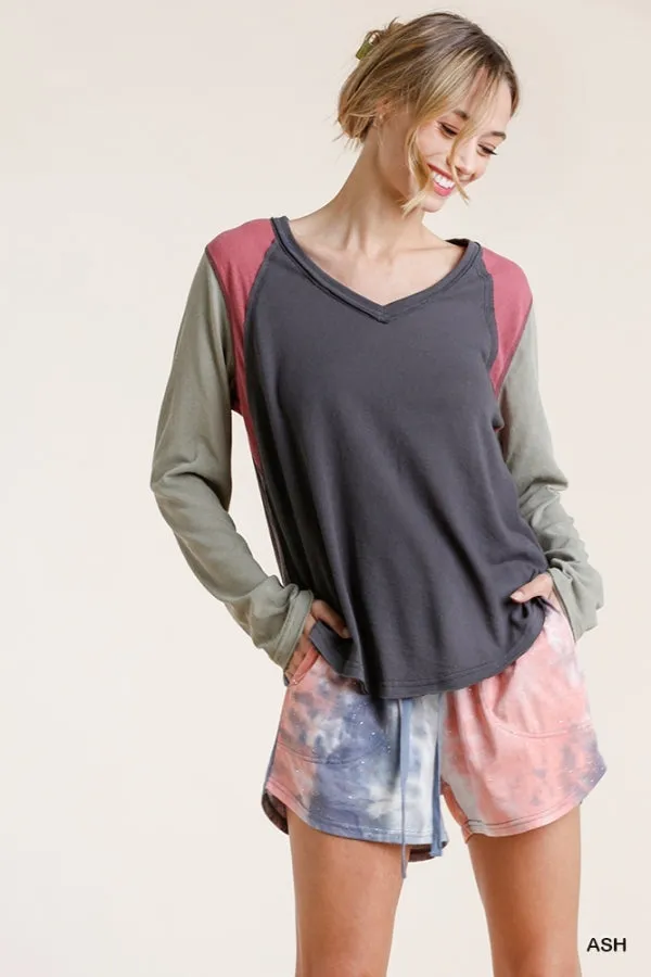 Raw Edge Color Block Top, Ash