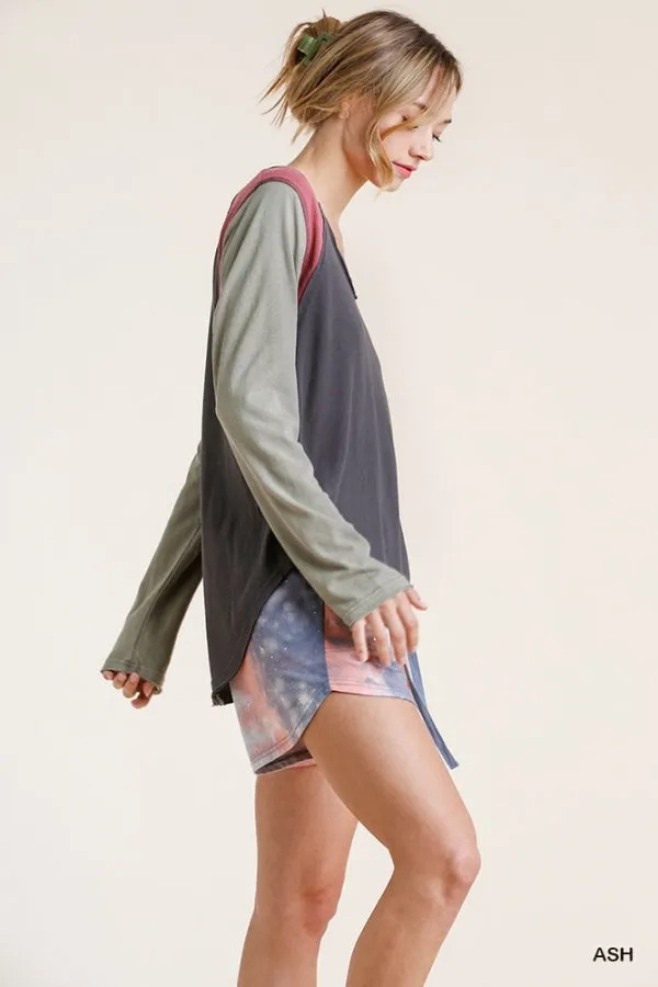 Raw Edge Color Block Top, Ash