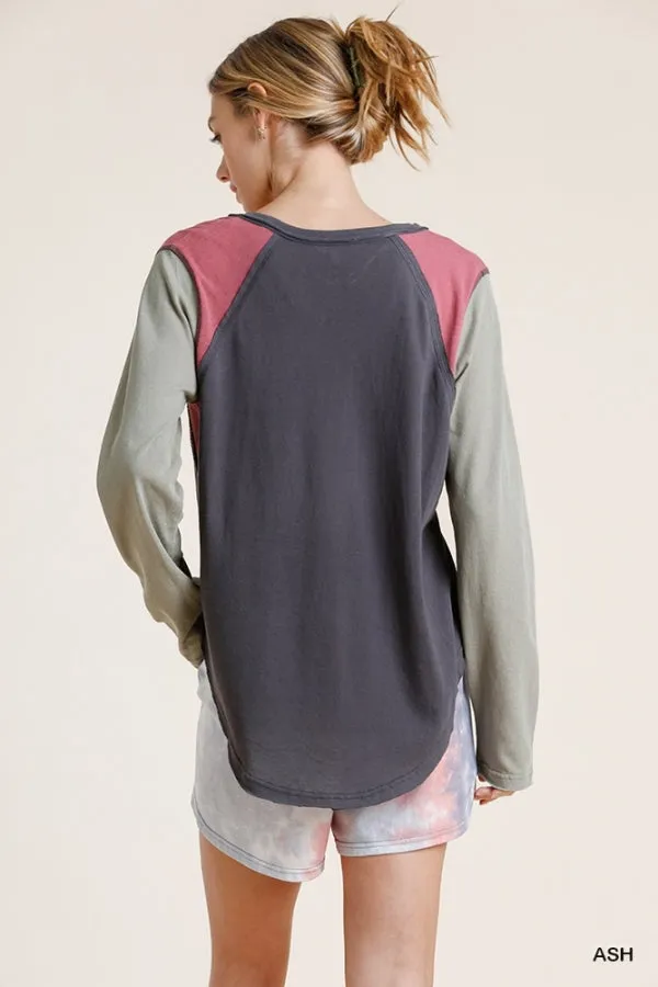 Raw Edge Color Block Top, Ash