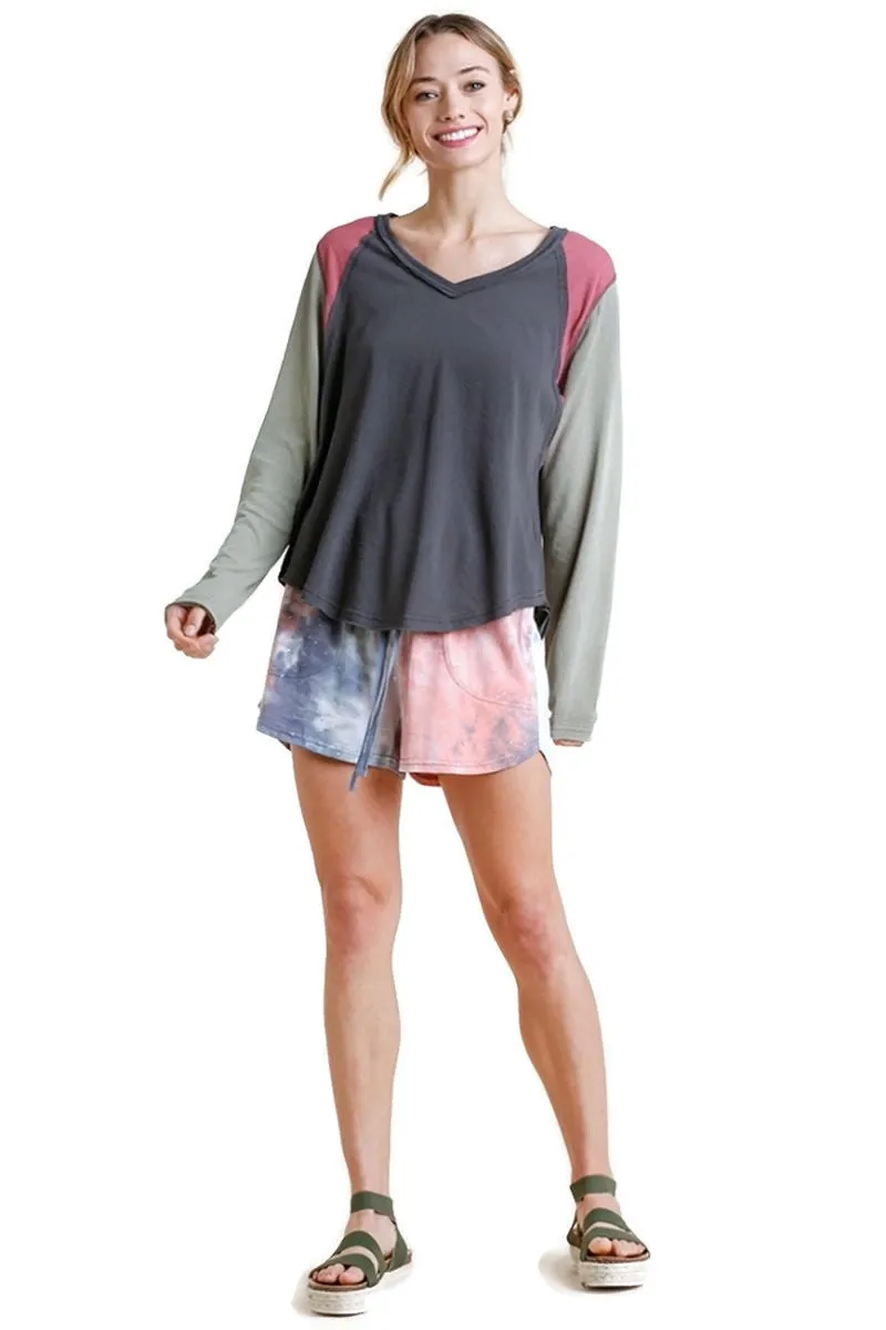 Raw Edge Color Block Top, Ash