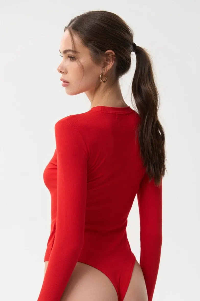 Red Basic Long Sleeve Bodysuit