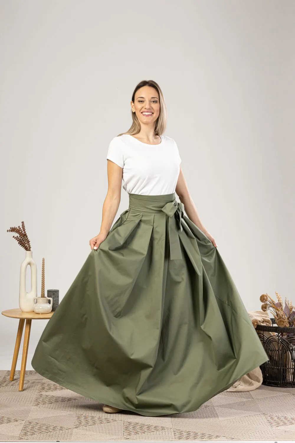 Sage Green High Waist Pleated Maxi Skirt