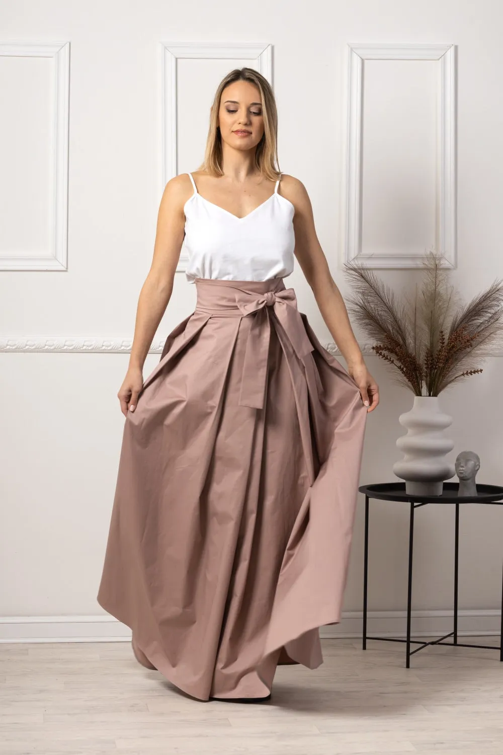 Sage Green High Waist Pleated Maxi Skirt