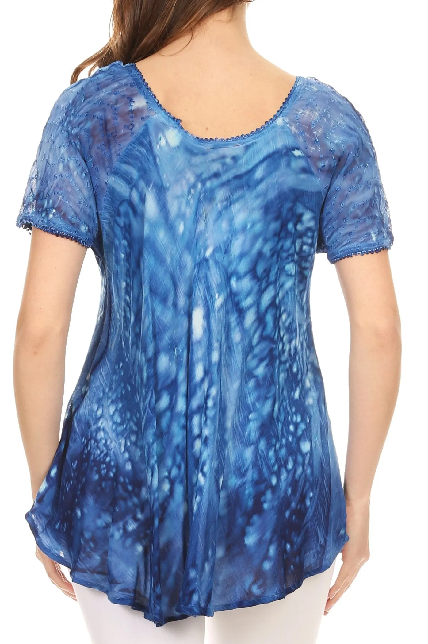 Sakkas Mira Tie Dye Two Tone Sheer Cap Sleeve Relaxed Fit Embellished Tunic Top