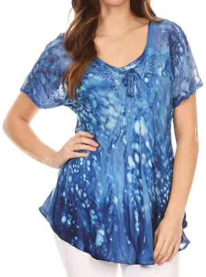 Sakkas Mira Tie Dye Two Tone Sheer Cap Sleeve Relaxed Fit Embellished Tunic Top