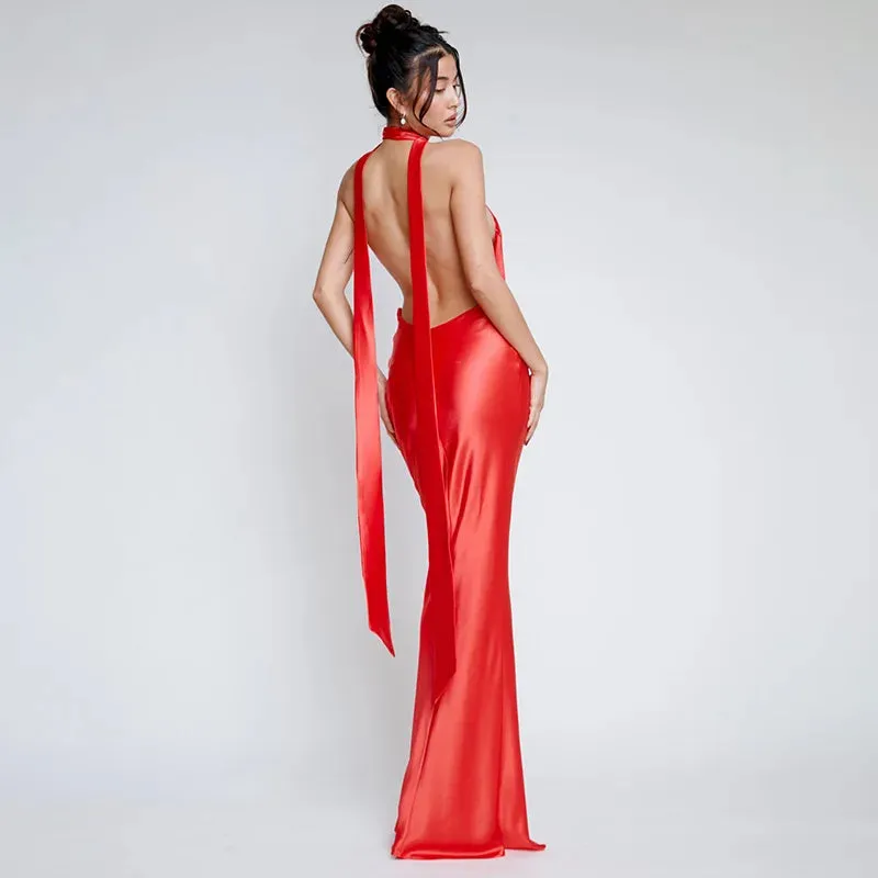 Satin Deep V Neck Halter Backless Nightclub Long Spring Summer Maxi Dress