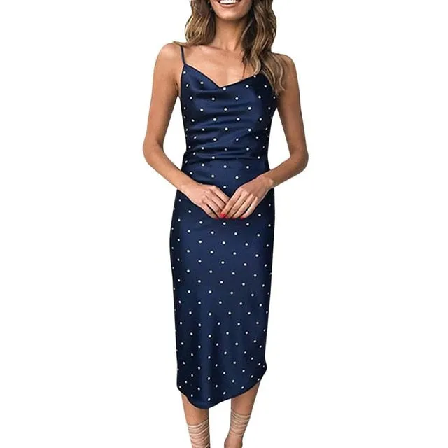 Satin Spaghetti Strap Party Dress - Blue polkadot