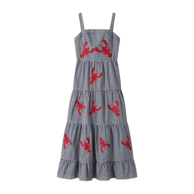 Seaside Holiday Strap Embroidered Cotton Maxi Dress for Women