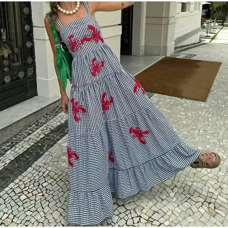 Seaside Holiday Strap Embroidered Cotton Maxi Dress for Women