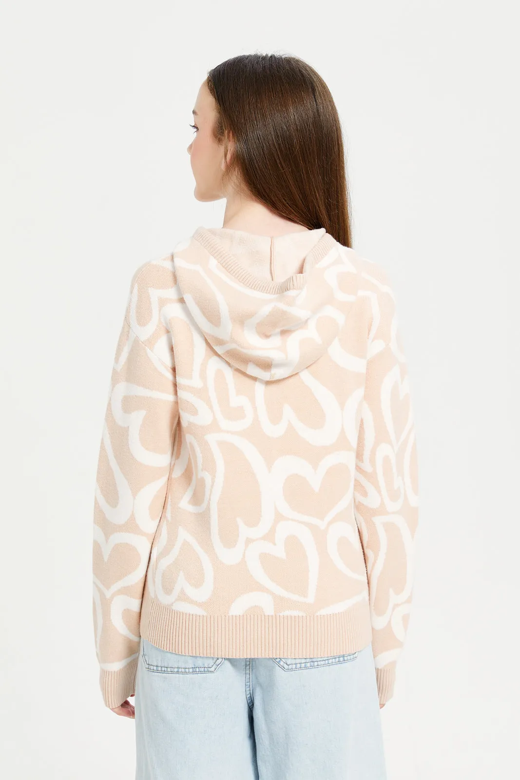 Senior Girls White And Brown Heart Hooded Pullover