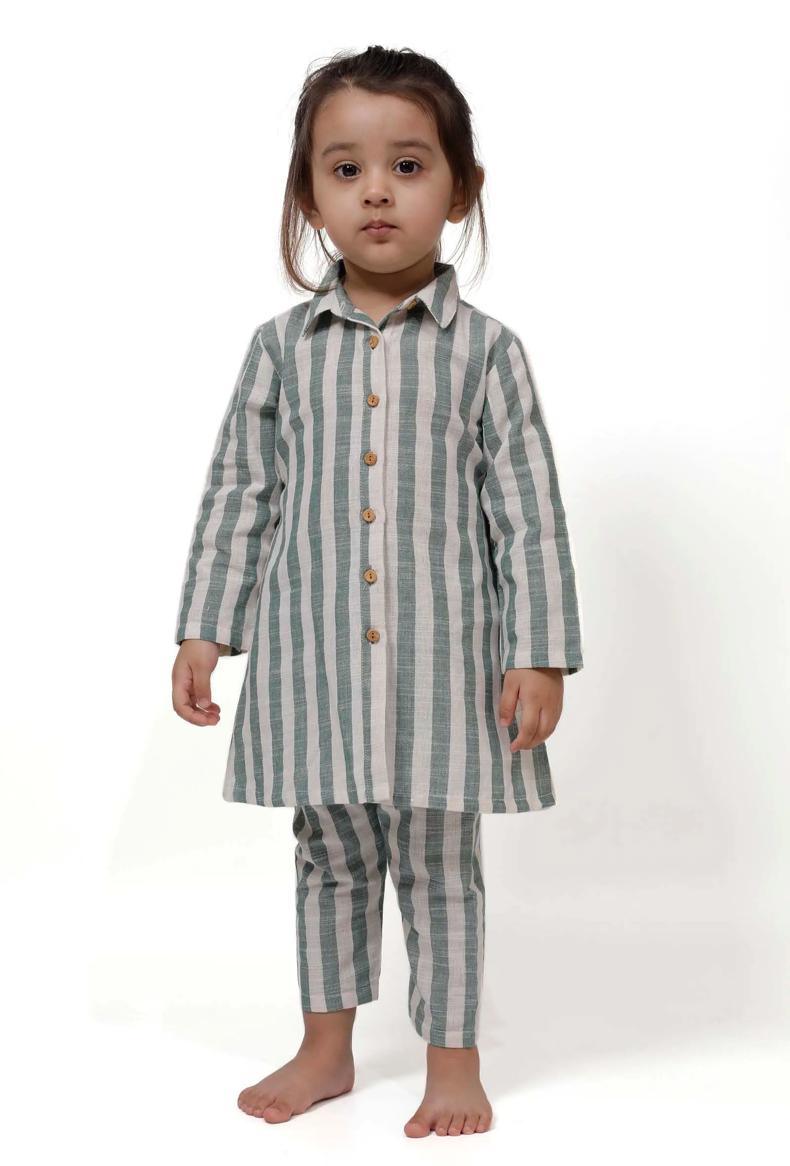 Set of 2 - Green Stripe Tunic Dress with Pants