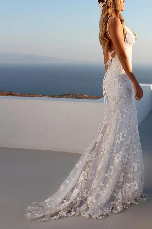 Sexy V Neck White Wedding Fishtail Evening Dress