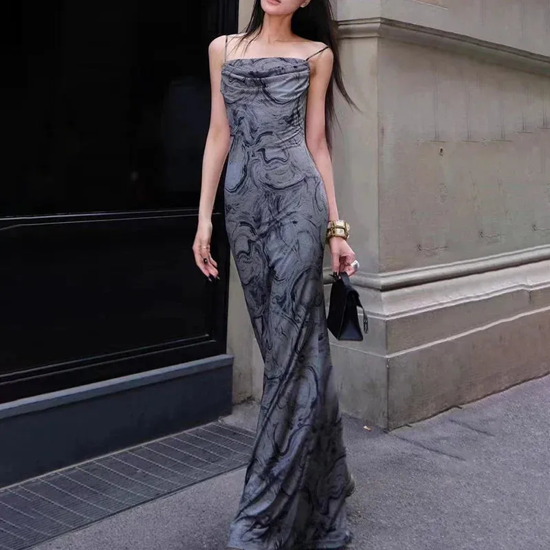 Sleeveless Backless Halter Slim Fashion Print Bandage Maxi Sexy Dress