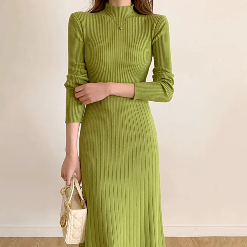 Snug Fit Knitted Long Sleeve Midi Dresses