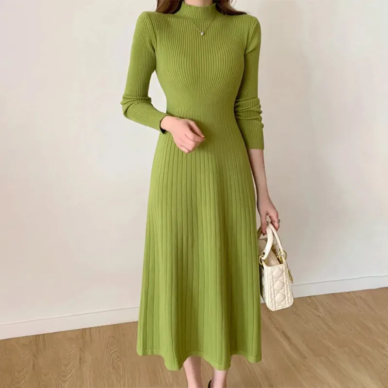 Snug Fit Knitted Long Sleeve Midi Dresses