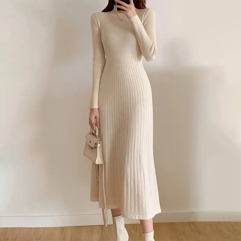 Snug Fit Knitted Long Sleeve Midi Dresses