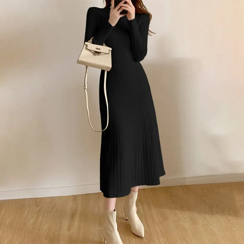 Snug Fit Knitted Long Sleeve Midi Dresses