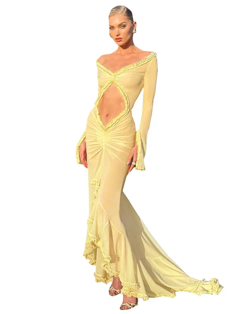 Solid Color Mesh See Through Low Cut Sexy Floor Tassel Long Sleeve Evening Maxi Dress