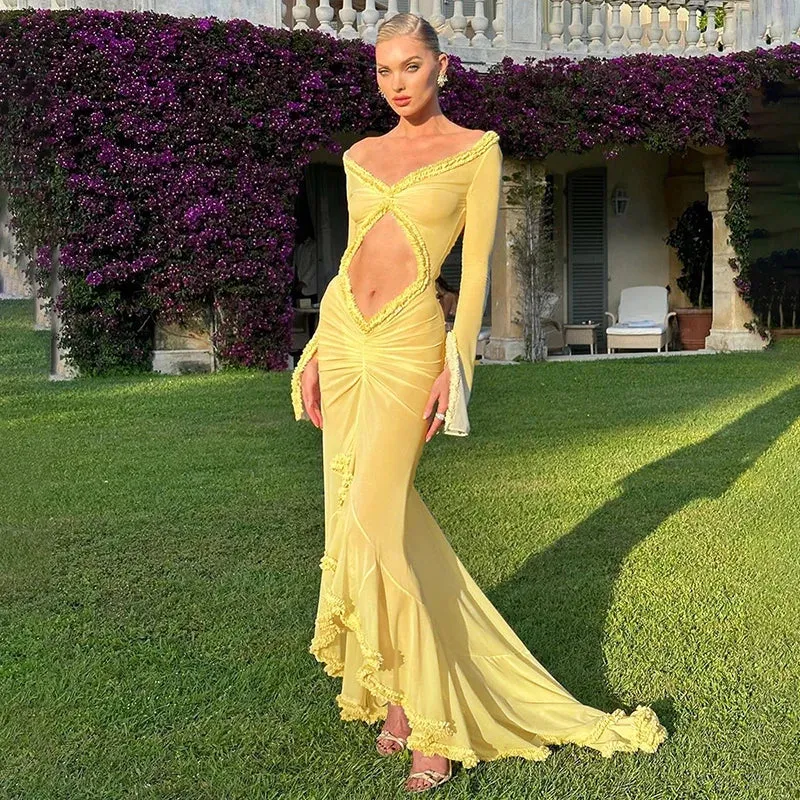 Solid Color Mesh See Through Low Cut Sexy Floor Tassel Long Sleeve Evening Maxi Dress