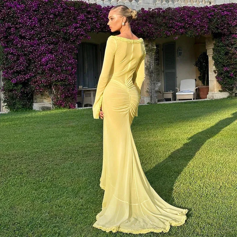 Solid Color Mesh See Through Low Cut Sexy Floor Tassel Long Sleeve Evening Maxi Dress