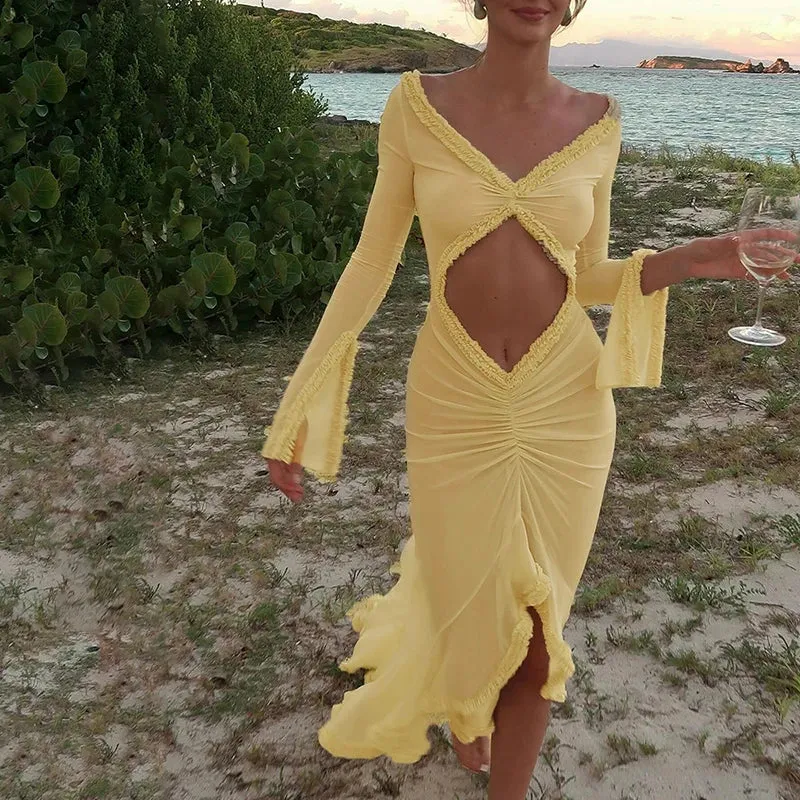 Solid Color Mesh See Through Low Cut Sexy Floor Tassel Long Sleeve Evening Maxi Dress