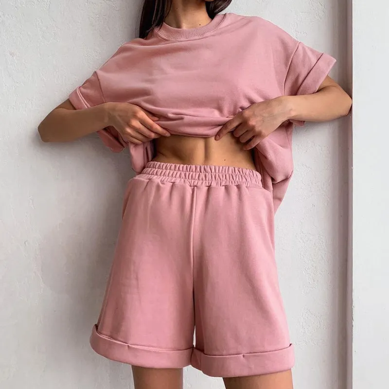 Solid-Colored 2-Piece Basic Shirt and Hot Pants Clothing Sets