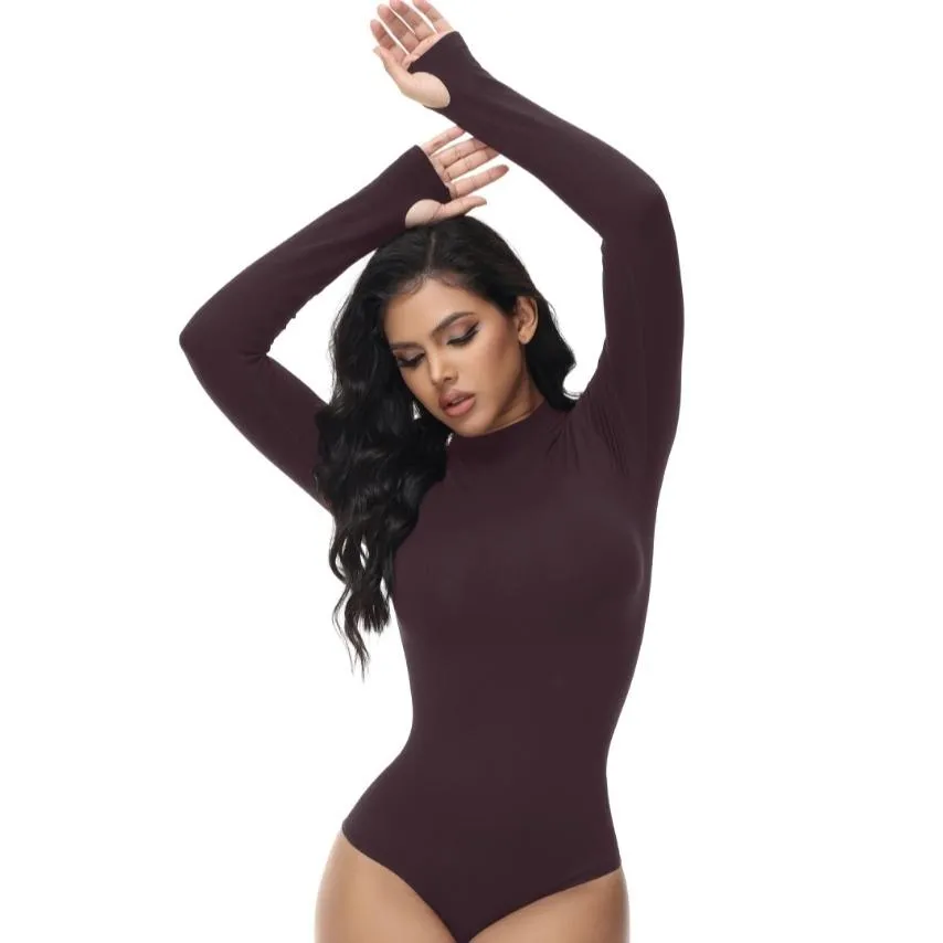 Soo slick Seamless Shapewear Bodysuit for Women -  Mock Neck Long Sleeve Thong Bodysuit Tops Womenswear Underwear Lady Comfort Longsleeves Basic Crewneck Minimalist