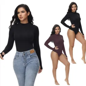 Soo slick Seamless Shapewear Bodysuit for Women -  Mock Neck Long Sleeve Thong Bodysuit Tops Womenswear Underwear Lady Comfort Longsleeves Basic Crewneck Minimalist