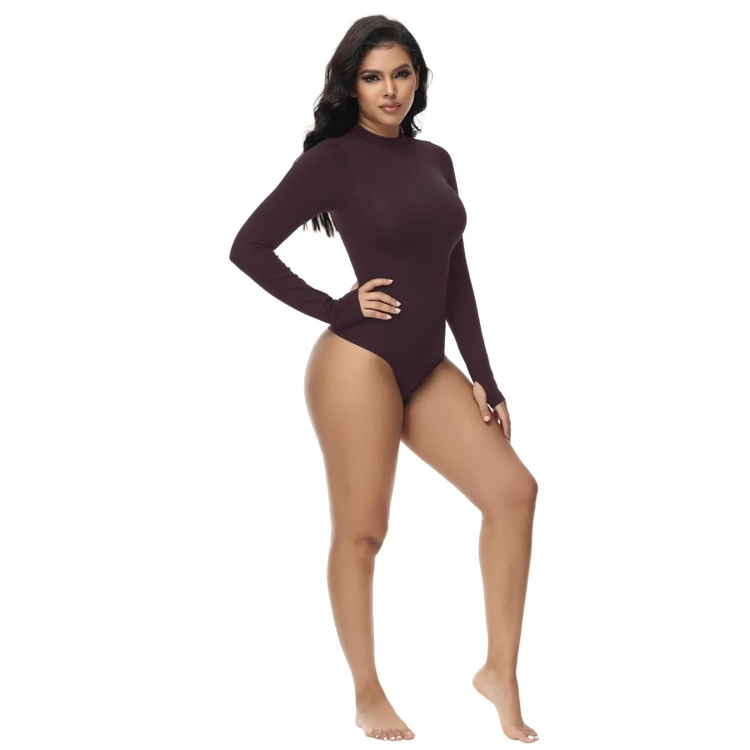 Soo slick Seamless Shapewear Bodysuit for Women -  Mock Neck Long Sleeve Thong Bodysuit Tops Womenswear Underwear Lady Comfort Longsleeves Basic Crewneck Minimalist