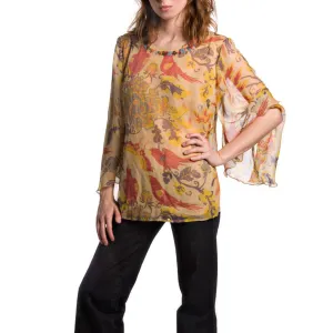 Spice Route Yellow Printed & Embroidered Silk Tunic