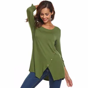 Split Hemline Asymmetric Casual T-Shirt Blouse Tunic Top With Buttons