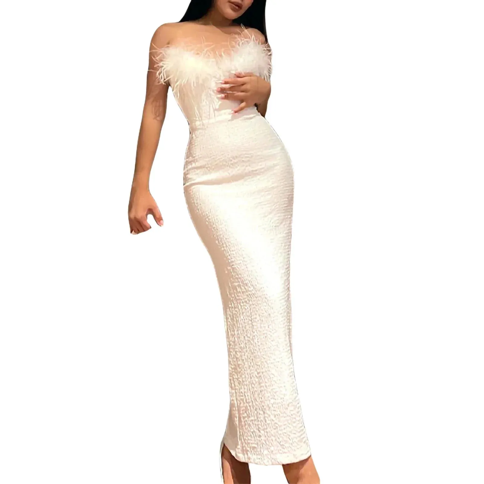 Strapless Bandeau Tube Split Feather Sleeveless Maxi Long Casual Summer Dress