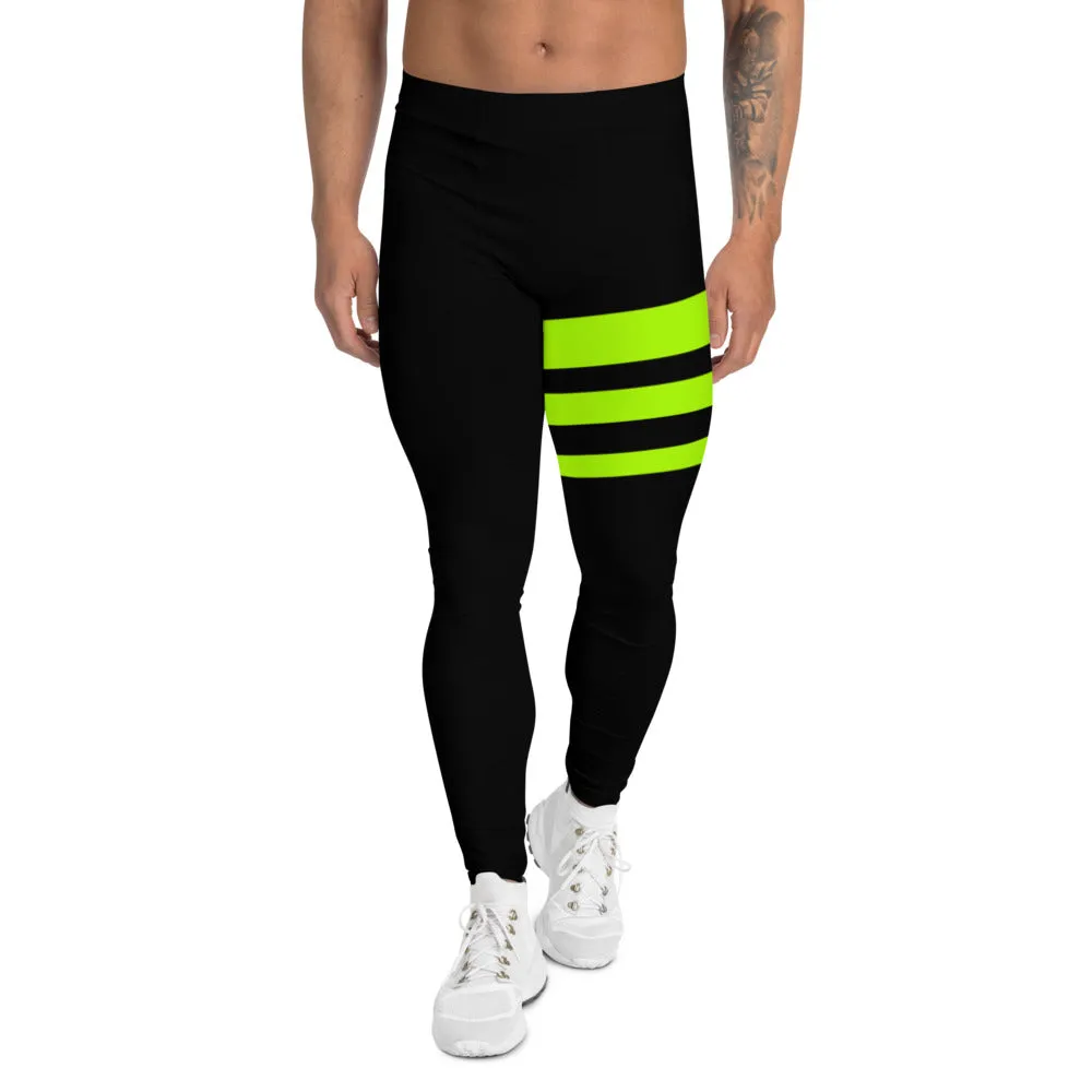 Striped Green Black Men's Leggings, Neon Green Block Colors Triple Striped Black Meggings-Made in USA/EU/MX