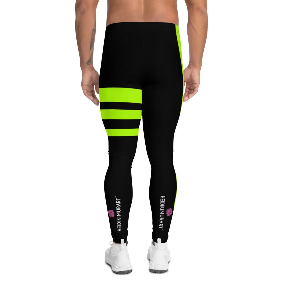 Striped Green Black Men's Leggings, Neon Green Block Colors Triple Striped Black Meggings-Made in USA/EU/MX