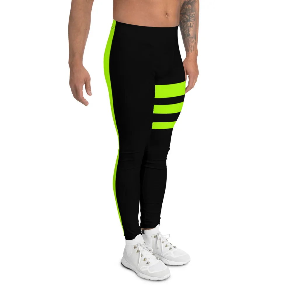 Striped Green Black Men's Leggings, Neon Green Block Colors Triple Striped Black Meggings-Made in USA/EU/MX