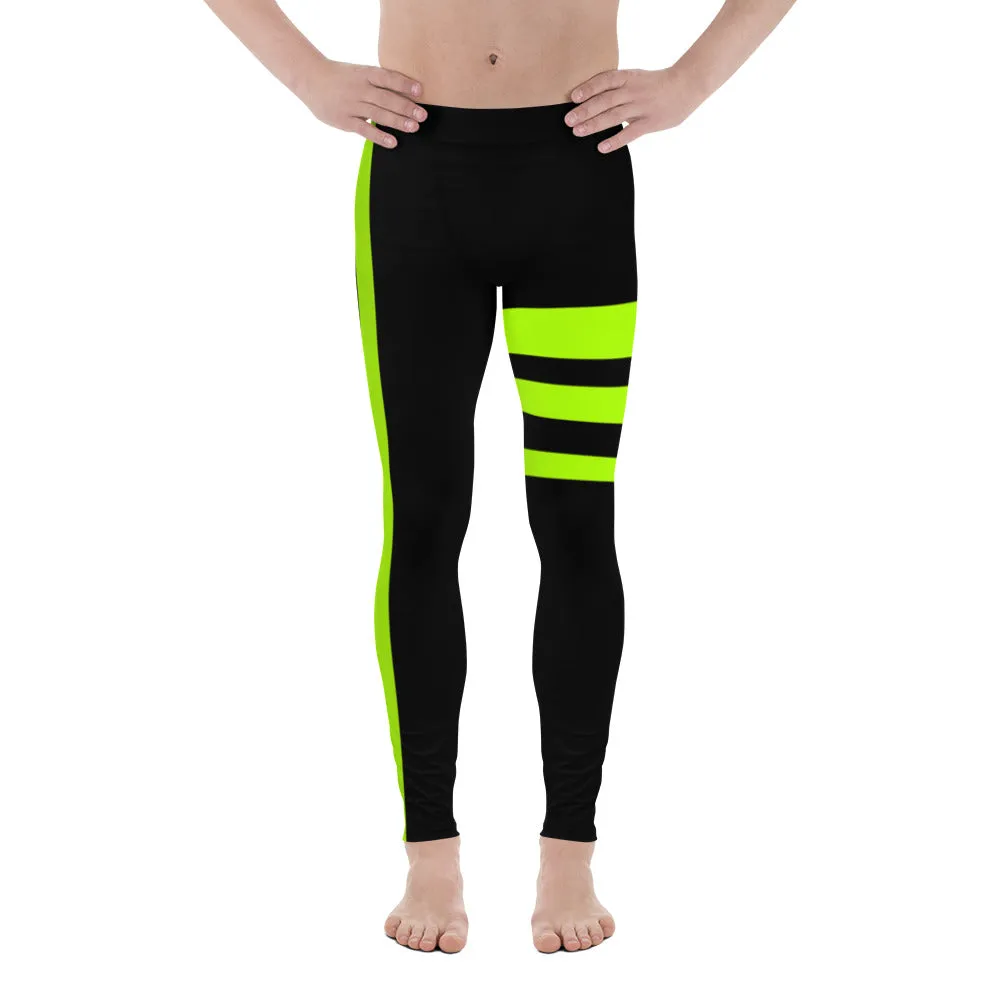 Striped Green Black Men's Leggings, Neon Green Block Colors Triple Striped Black Meggings-Made in USA/EU/MX