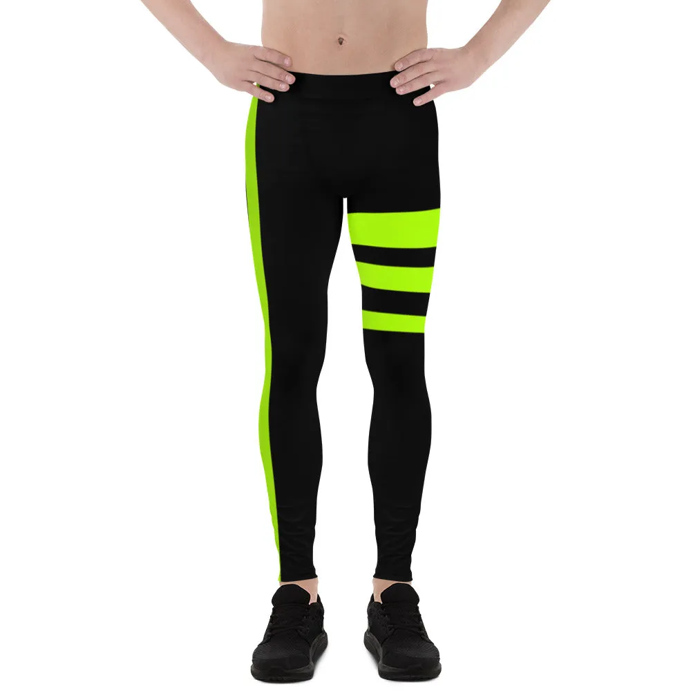 Striped Green Black Men's Leggings, Neon Green Block Colors Triple Striped Black Meggings-Made in USA/EU/MX